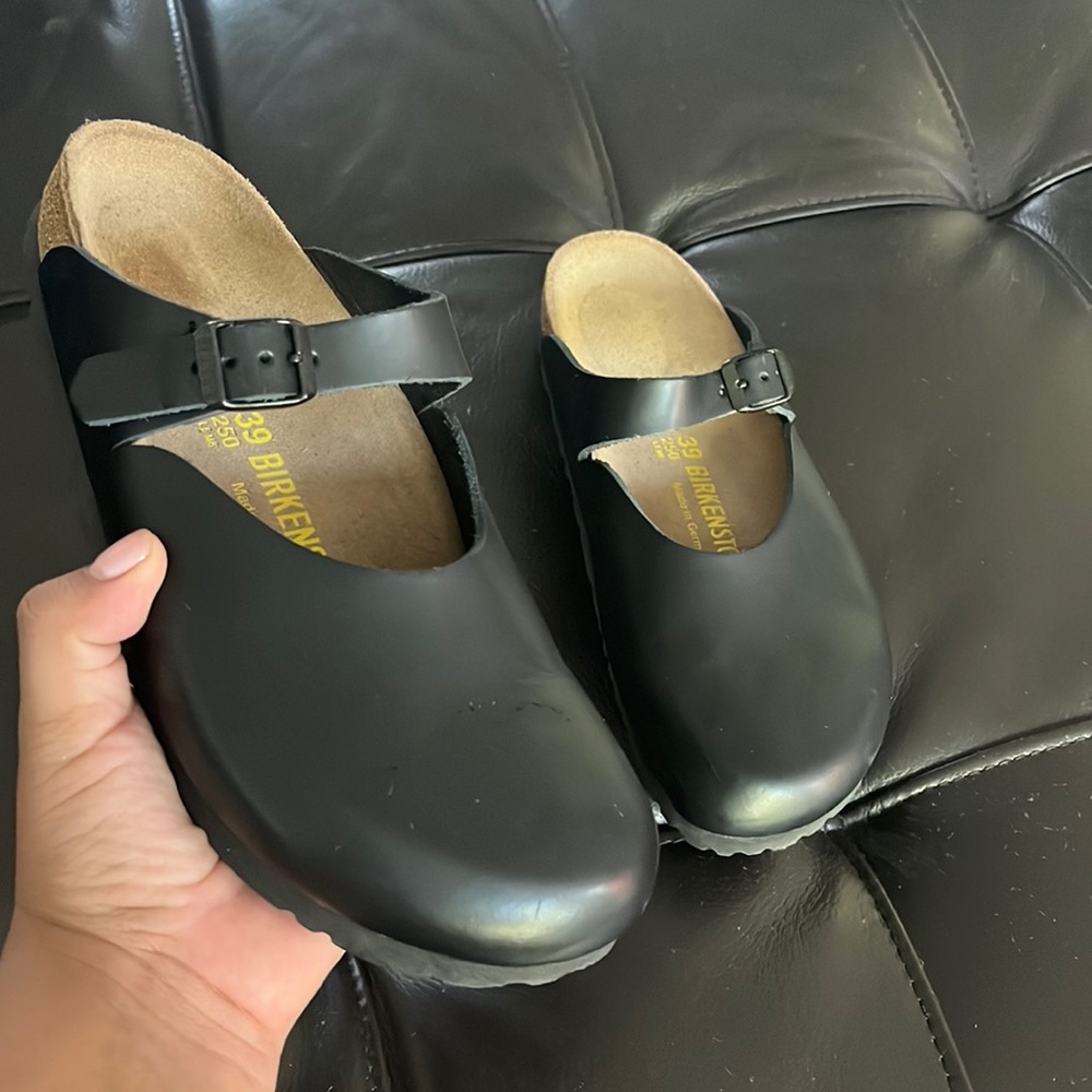 RARE STYLE Birkenstock 39 Black Leather Mary Jane Style Clog Mule - Picture 2 of 9